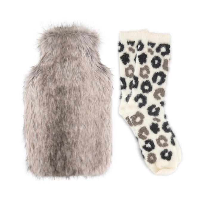 totes toasties® Ladies Tipped Faux Fur Hot Water Bottle & Super Soft Sock Set Brown Extra Image 2